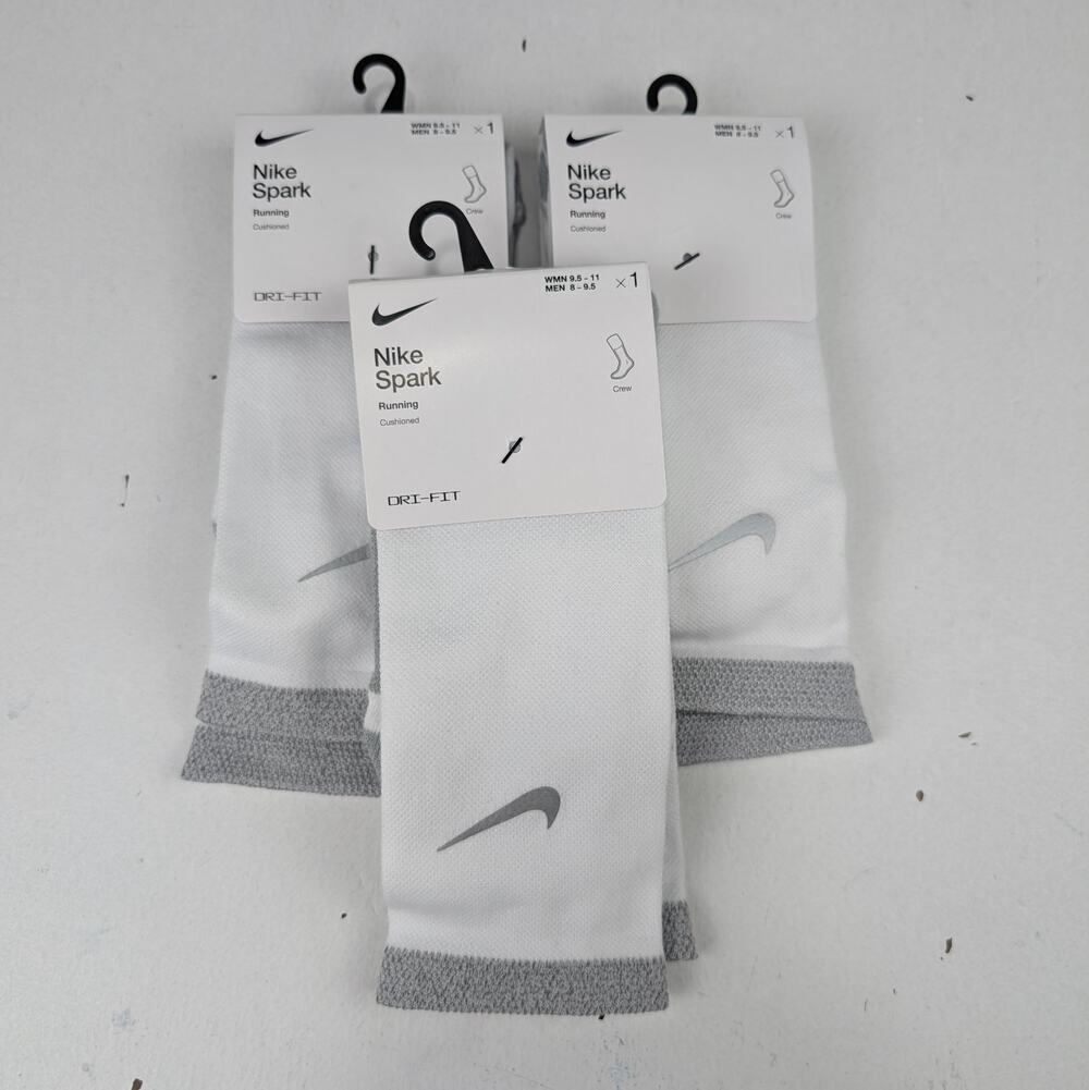 Nike Spark White Crew Running Socks 3 Pair Bundle - W9.5-11 - M8-9.5